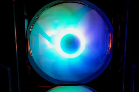 Computer cooler with RGB LED light. Computer circuit board and CPU cooling .. 스톡 사진