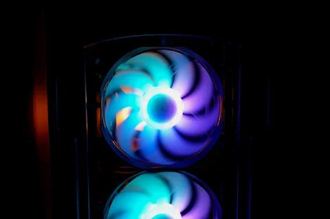 Computer cooler with RGB LED light. Computer circuit board and CPU cooling .. Stock Photos