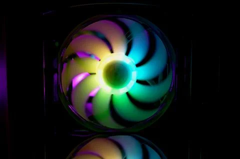 Computer cooler with RGB LED light. Computer circuit board and CPU cooling .. Stock Photos