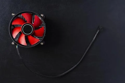 Computer cooler, top view of a computer processor cooler on a black backgroun 스톡 사진