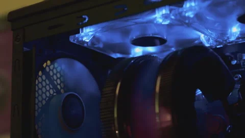 Computer cooler at work. LED backlight air cooling system Stock Footage 316734788