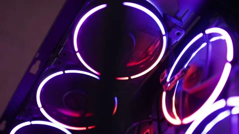 Computer coolers at work. Rainbow propellers for cooling computer components. Video stock 220548382