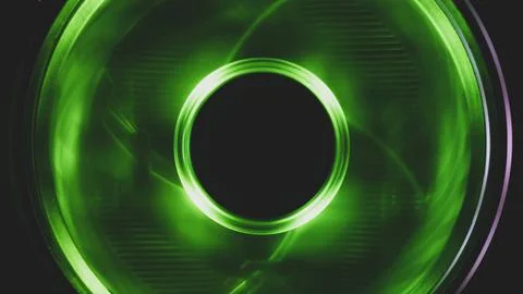 Computer cooling fan with green light close up. cooler in action with leds. p 스톡 사진