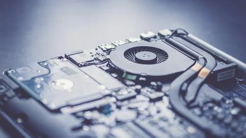 Computer cooling fan for overclocking on a circuit board, close up, Computer Foto stock