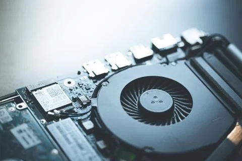 Computer cooling fan for overclocking on a circuit board, close up, Computer Foto stock