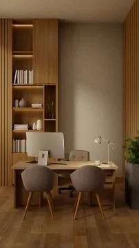Computer on counter table and customer guest chairs on wooden parquet floor.. イラスト素材