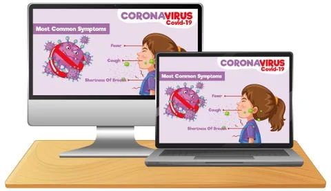 Computer with covid-19 information on screen desktop Stock Illustration