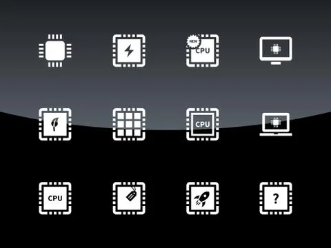 Computer CPU and microchip icons on black background イラスト素材