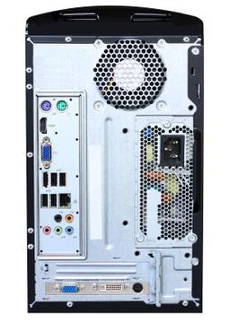 Computer cpu back connector panel showing ports, power supply and fan Stock Photos