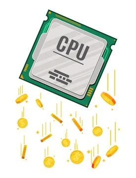 Computer CPU Chip and Golden Dollar Coins. 스톡 일러스트