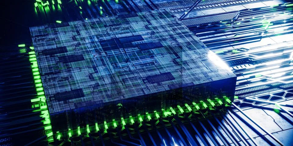 Computer cpu chip with blue digital circuit board background semiconductor te Illustrazione stock