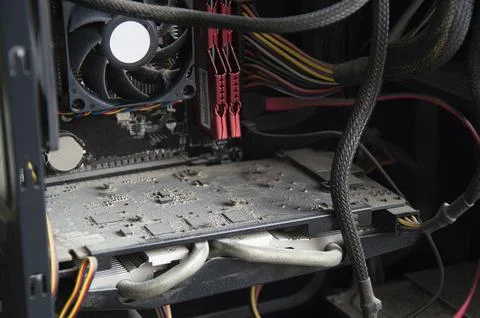 Computer cpu cooler with dust, dirt. PC maintenance Stock Photos