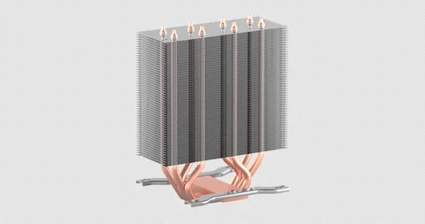 Computer CPU cooler heat sink with aluminum fins and copper heat pipes rota.. Stock Footage 337727674