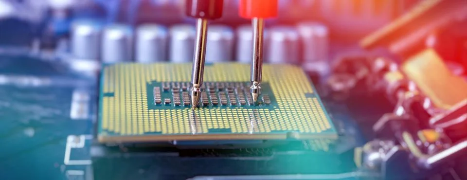 Computer CPU Hardware Diagnostics with Dual Test Probes, Processor Inspection Stock Photos