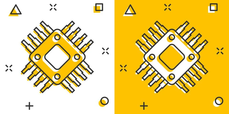 Computer cpu icon in comic style. Circuit board cartoon vector illustration o Stock Illustration