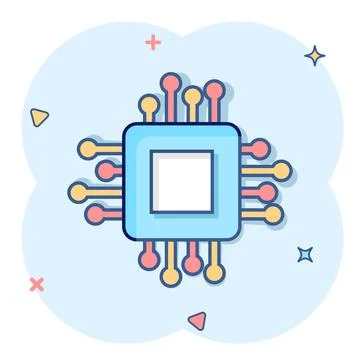 Computer cpu icon in comic style. Circuit board cartoon vector illustration o Illustrazione stock