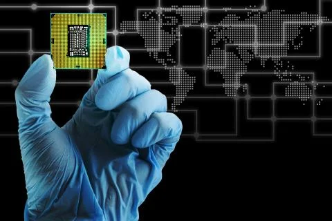 Computer CPU,  with icons about map coordinates.. Stock Photos