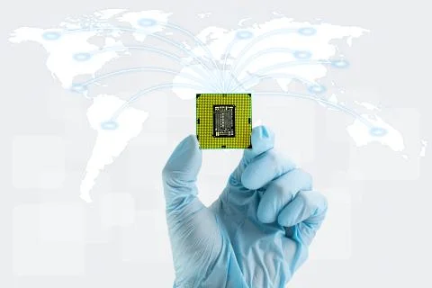 Computer CPU,  with icons about map coordinates.. Stock Photos