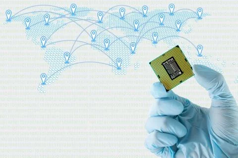 Computer CPU,  with icons about map coordinates.. Foto stock