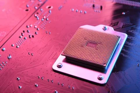 Computer cpu processor chip on circuit board ,motherboard background. Close-u 写真素材