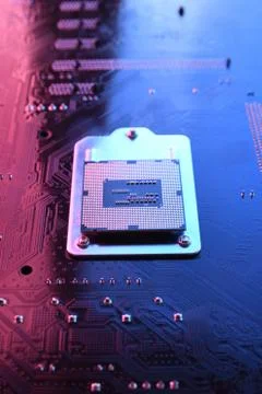 Computer cpu processor chip on circuit board ,motherboard background. Close-u 写真素材