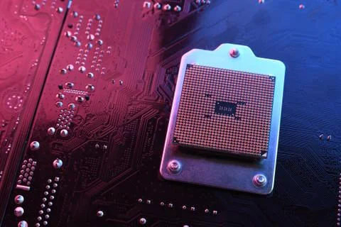 Computer cpu processor chip on circuit board ,motherboard background. Close-u Foto stock