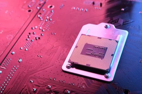 Computer cpu processor chip on circuit board ,motherboard background. Close-u Stock Photos