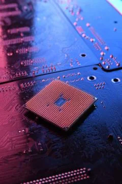 Computer cpu processor chip on circuit board ,motherboard background. Close-u Foto stock