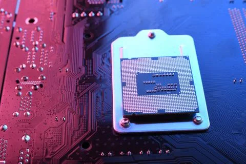Computer cpu processor chip on circuit board ,motherboard background. Close-u 写真素材