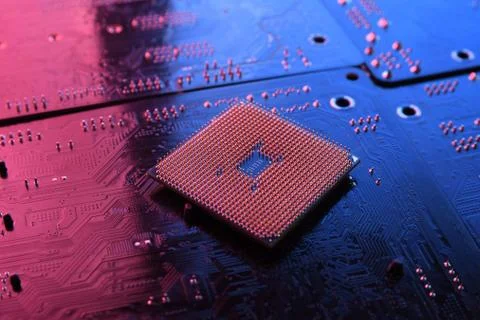 Computer cpu processor chip on circuit board ,motherboard background. Close-u Stock Photos