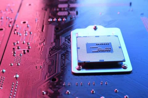 Computer cpu processor chip on circuit board ,motherboard background. Close-u 写真素材