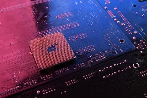 Computer cpu processor chip on circuit board ,motherboard background. Close-u 写真素材
