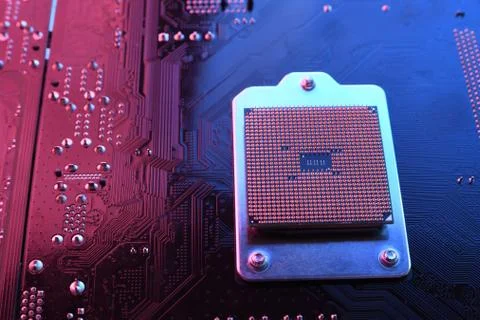 Computer cpu processor chip on circuit board ,motherboard background. Close-u 写真素材