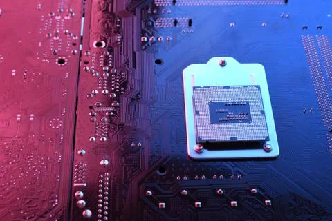 Computer cpu processor chip on circuit board ,motherboard background. Close-u 写真素材