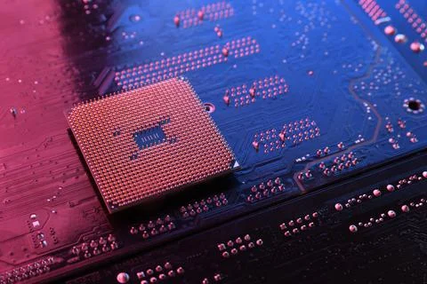 Computer cpu processor chip on circuit board ,motherboard background. Close-u 写真素材