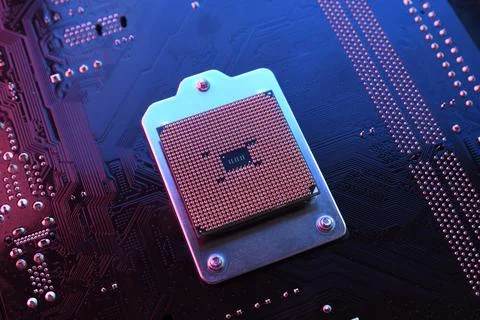 Computer cpu processor chip on circuit board ,motherboard background. Close-u 스톡 사진
