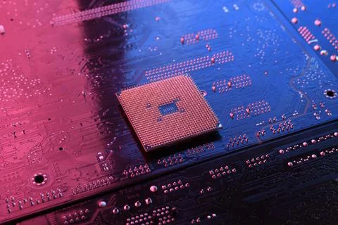 Computer cpu processor chip on circuit board ,motherboard background. Close-u Stock Photos