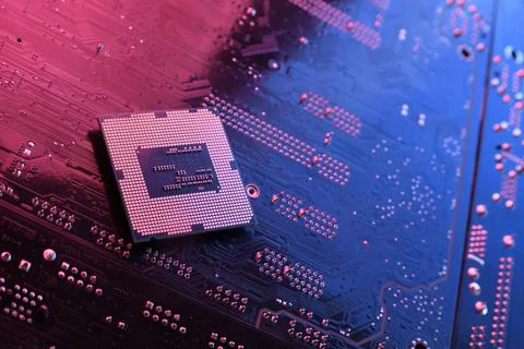 Computer cpu processor chip on circuit board ,motherboard background. Close-u 写真素材