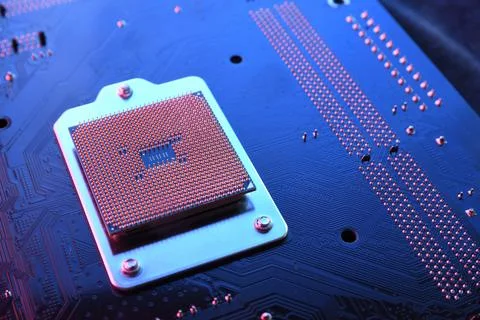Computer cpu processor chip on circuit board ,motherboard background. Close-u 写真素材