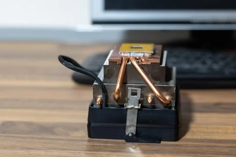 Computer CPU Processor with Copper Heat Pipes Close Up 스톡 사진