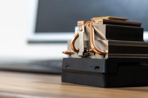 Computer CPU Processor with Copper Heat Pipes Close Up 写真素材