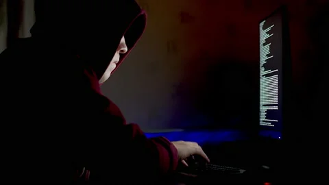 Computer cracker night at work, side view Stock Footage 148416956