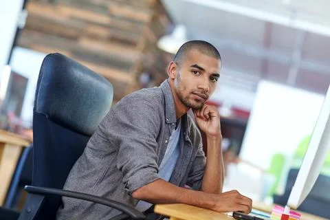 Computer, creative and portrait of graphic designer man at desk in office f.. Foto stock