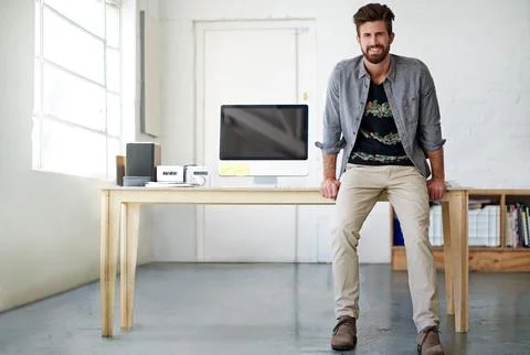 Computer, creative and portrait of web development man at desk in office for 스톡 사진