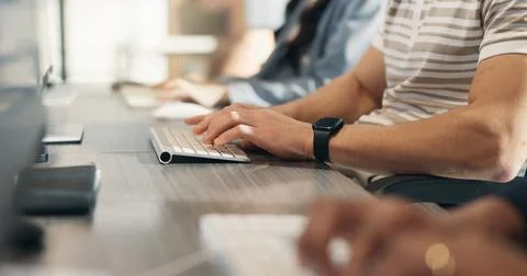 Computer, creative or hands typing in office for copywriting, newsletter ca.. Stock Photos