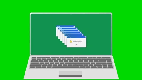 Computer critical error message pop ups on laptop over green screen. 4K Stock Footage 340882896