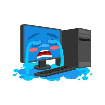 Computer crying tears isolated. cry PC Cartoon Style Vector Stock Illustration