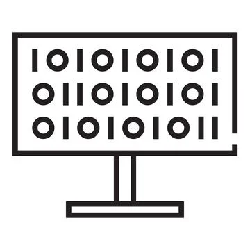 Computer with cryptocurrency mining code outline icon isolated on white backg Stock Illustration