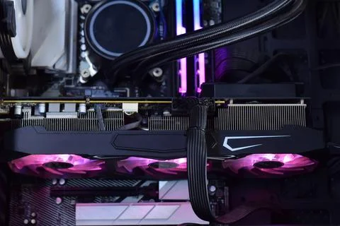 The computer is currently powered on. Internal components of the computer. Stock Photos