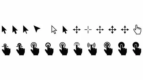 Computer cursor and hand touch gesture icons set with interface, computer Stock Illustration